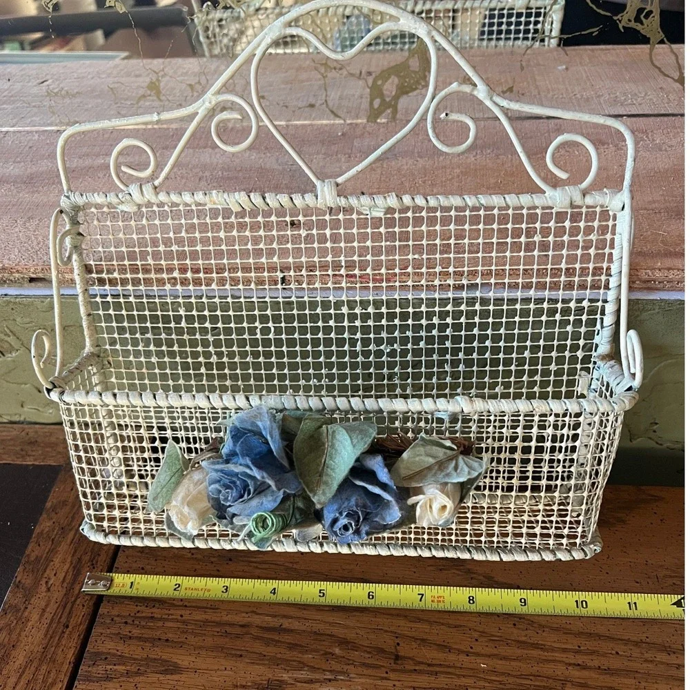 Vintage Cottagecore Cream Wire Wall Basket Heart Rosette Mail Organizer